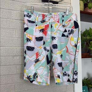 GG Blue Bunker Shorts 17" "Peace" Sz 8 White Green Black Tropical Print Bermuda